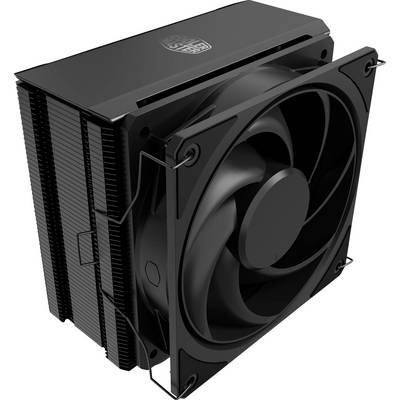 Schwarzer Cooler Master CPU-Luftkühler mit großem Frontlüfter und Lamellenstapel, dargestellt auf weißem Hintergrund.