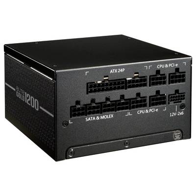 Eine schwarze modulare Stromversorgungseinheit mit der Bezeichnung „Super Gold 1200", ausgestattet mit verschiedenen Ausgangsbuchsen für ATX 24P-, CPU-, PCI-e-, SATA- und Molex-Verbindungen.