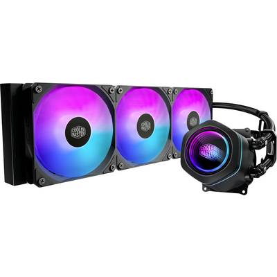 RGB-Flüssigkeitskühler für CPU mit drei beleuchteten Kühlerlüftern und einem Pumpenblock, dargestellt mit angeschlossenen Schläuchen auf weißem Hintergrund.