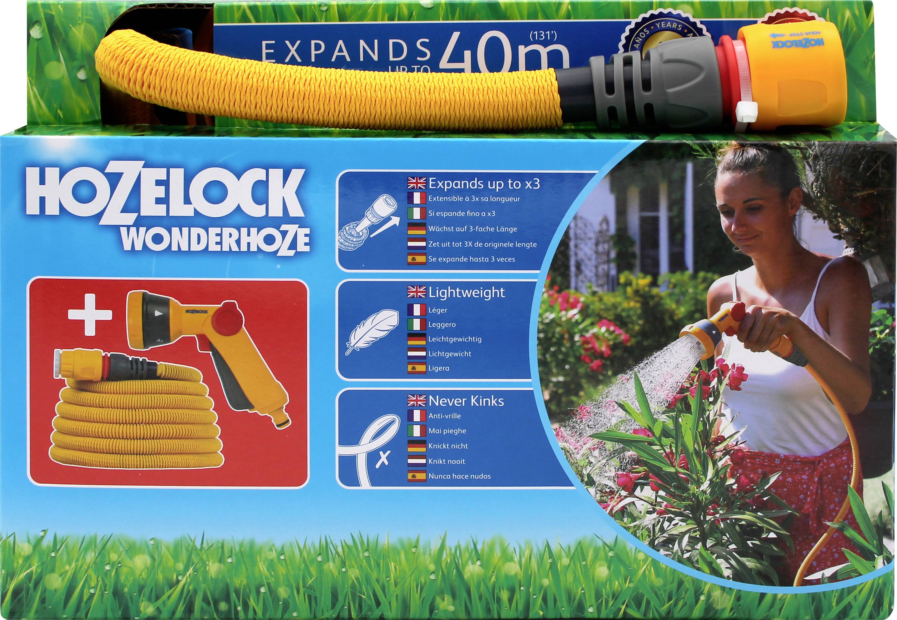 „Hozelock Wonderhoze"-Verpackung: zeigt einen gelben Schlauch, der sich bis zu 40m ausdehnt, leicht, knickt niemals. Eine Frau gießt Pflanzen.