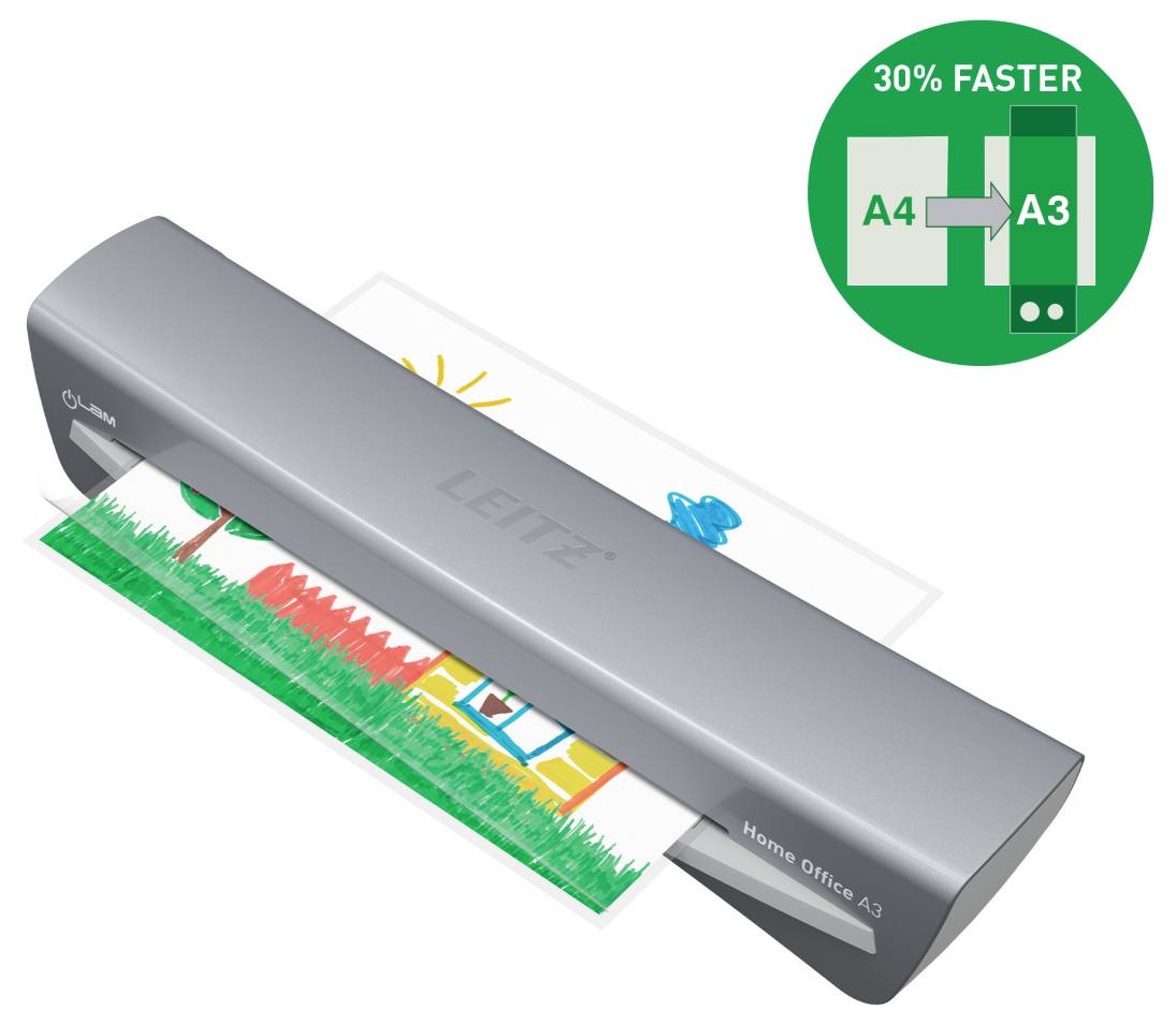 Ein grauer Laminiergerät mit einer bunten Zeichnung, die laminiert wird. Ein grünes Abzeichen in der Ecke liest "30% SCHNELLER A4 bis A3".
