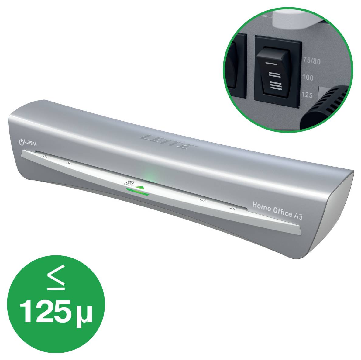 Ein silberner A3-Laminiergerät mit einstellbaren Einstellungen und einer hervorgehobenen Vergrößerung des Wärme- und Geschwindigkeitsreglers, gekennzeichnet mit „≤ 125µ".