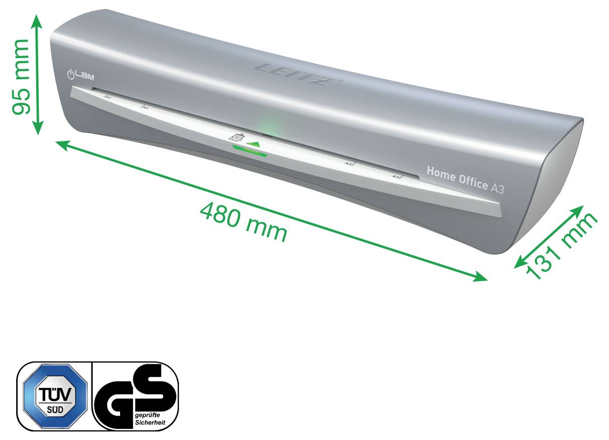 Laminiergerät mit Abmessungen: 95 mm (Höhe), 480 mm (Breite), 131 mm (Tiefe). Zertifiziert von TÜV SÜD und GS nach Sicherheitsstandards.