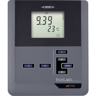 Ein digitales pH-Messgerät zeigt einen pH-Wert von 9,39 und eine Temperatur von 23°C an. Das Gerät hat Tasten mit den Beschriftungen „M", „CAL" und „ENTER".
