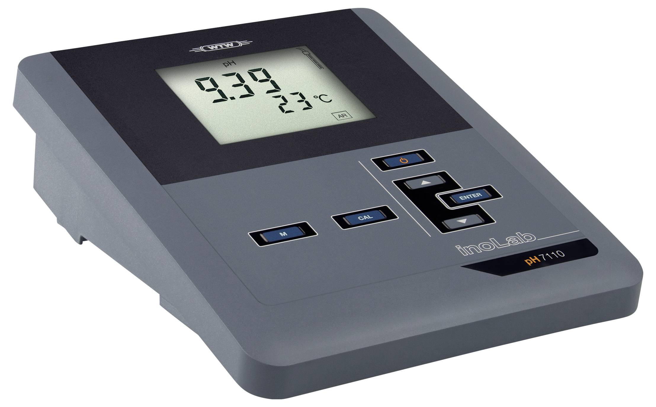 Digitales Laborinstrument mit pH-Messwert von 9,39 und Temperatur von 23°C auf dem Bildschirm angezeigt, mit Steuertasten darunter.