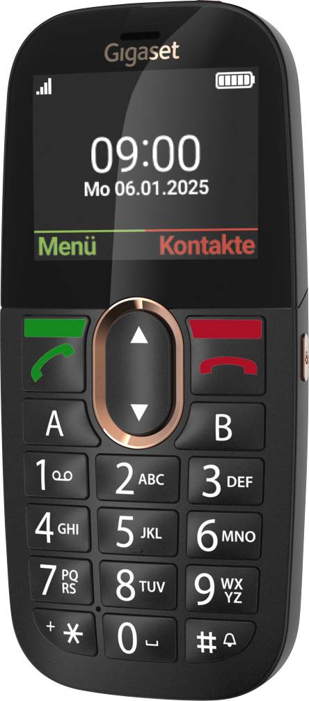 Ein kompaktes Mobiltelefon mit numerischer Tastatur, zwei großen Schnellwahlschaltflächen mit den Beschriftungen „A" und „B" und einem Bildschirm, der Datum und Uhrzeit anzeigt.