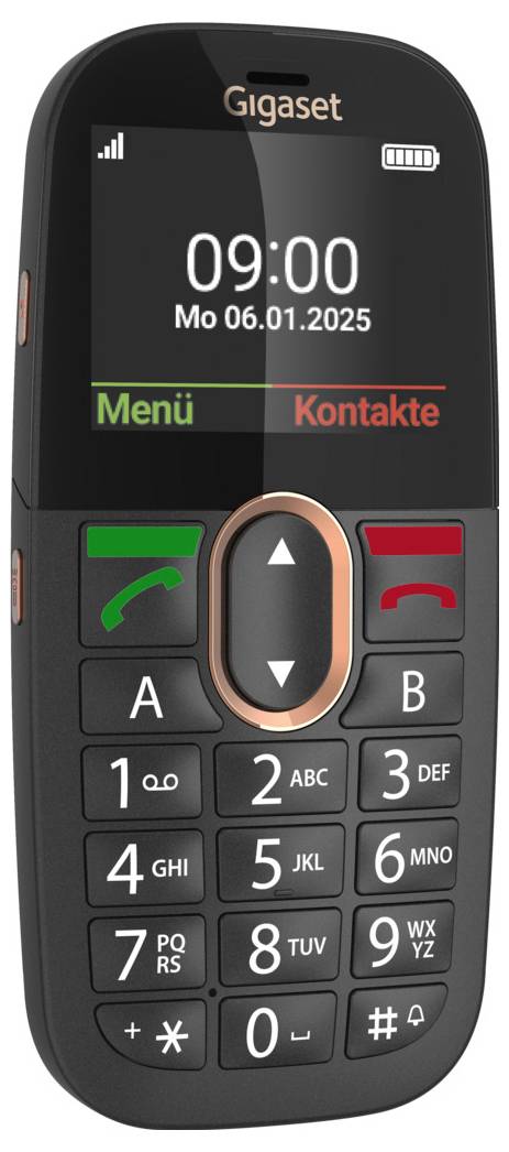 Mobiltelefon mit großen Tasten, digitales Display zeigt '09:00 Mo 06.01.2025', Menüoptionen 'Menü' und 'Kontakte'.