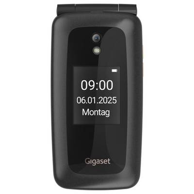 Klapptelefon mit Zeitanzeige „09:00", Datum „06.01.2025" und Wochentag „Montag" auf dem Display, mit einer Kamera über dem Display.