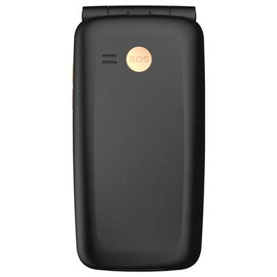 Ein schwarzes Klapptelefon, das geschlossen auf einer Oberfläche ruht und auf der Rückseite eine orangefarbene "SOS"-Taste für Notfallhilfe aufweist.