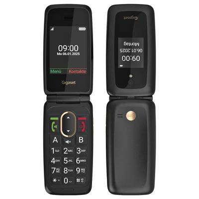 Ein schwarzes Klapptelefon mit der Uhrzeit 09:00 und 00:00 auf seinem äußeren und inneren Bildschirm, mit fettem Ziffernblock und „Gigaset"-Branding.