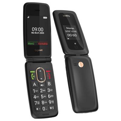 "Gigaset" markiertes schwarzes Klapptelefon mit großem Nummernblock, Seitenansicht mit internem und externem Display, beide zeigen 09:00 Uhr an.