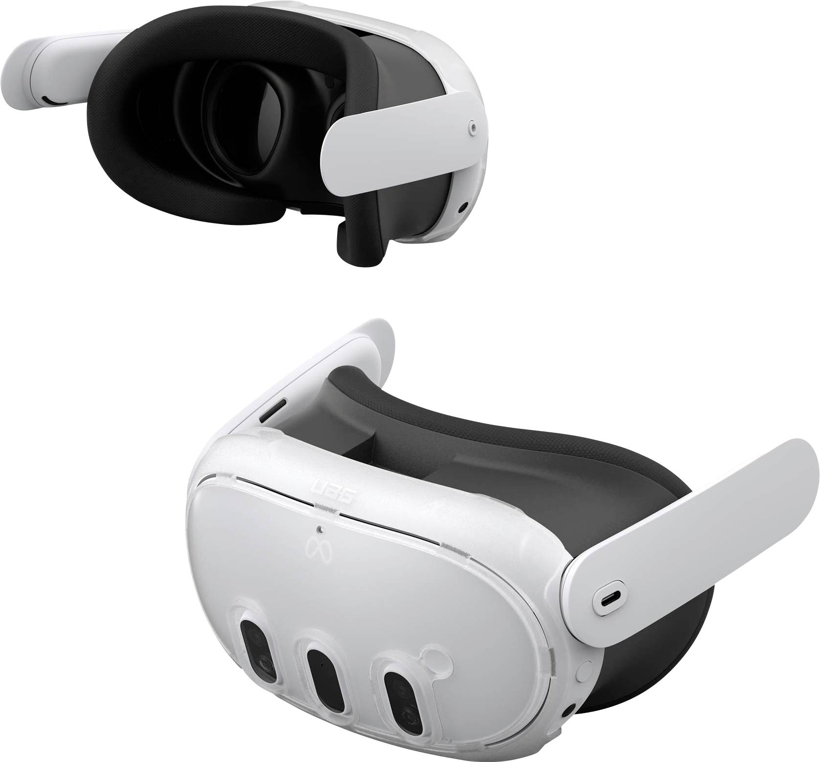 Zwei weiße und schwarze Virtual-Reality-Headsets mit verstellbaren Riemen, die aus verschiedenen Blickwinkeln gezeigt werden und die Linsen und das Design hervorheben.
