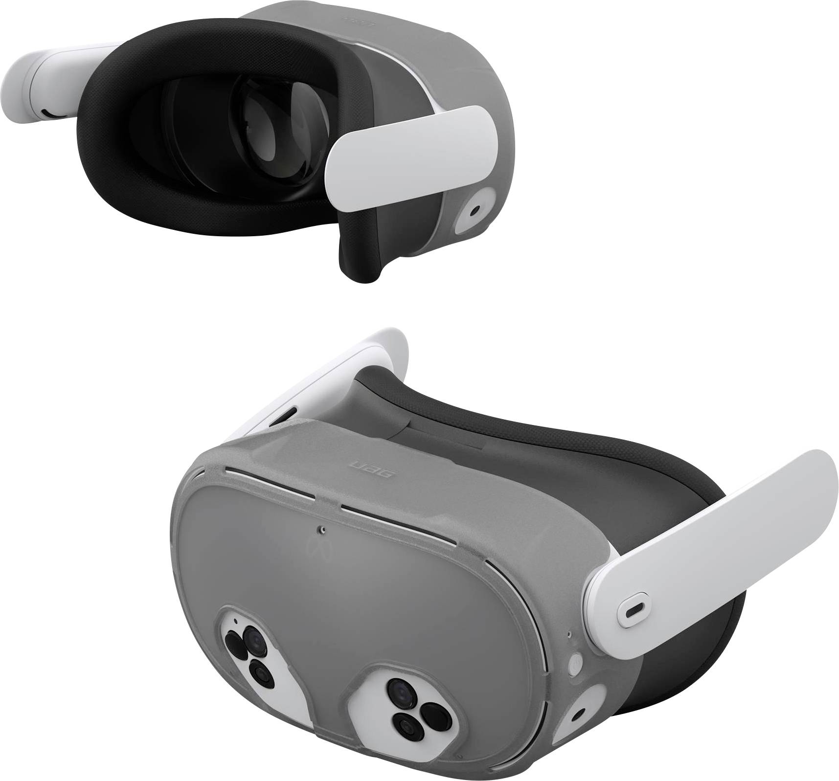 Ein graues Virtual-Reality-Headset mit weißen Riemen wird aus zwei Winkeln gezeigt und hebt die Linsen und externen Sensoren hervor.