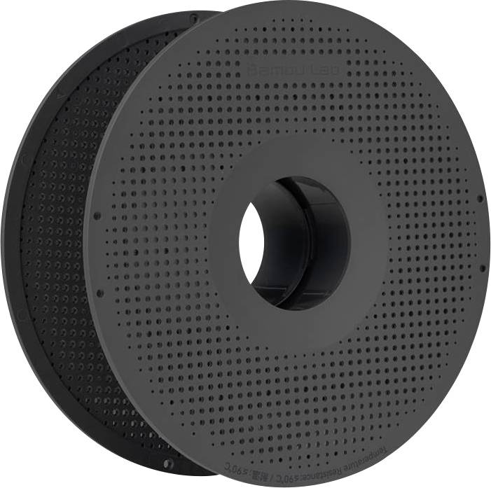 Eine schwarze, kreisförmige SPOOL3D 3D-Drucker-Filamentspule mit einer glatten, matten Oberfläche vor einem neutralen Hintergrund, mit einem zentralen Loch.