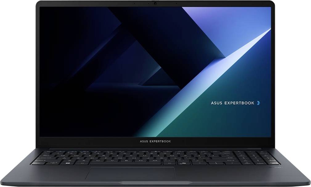 Ein eleganter ASUS-Laptop mit einem Display, das ein blaues und schwarzes abstraktes Design zeigt. Der Name „ASUS ExpertBook" ist auf dem Bildschirm sichtbar.