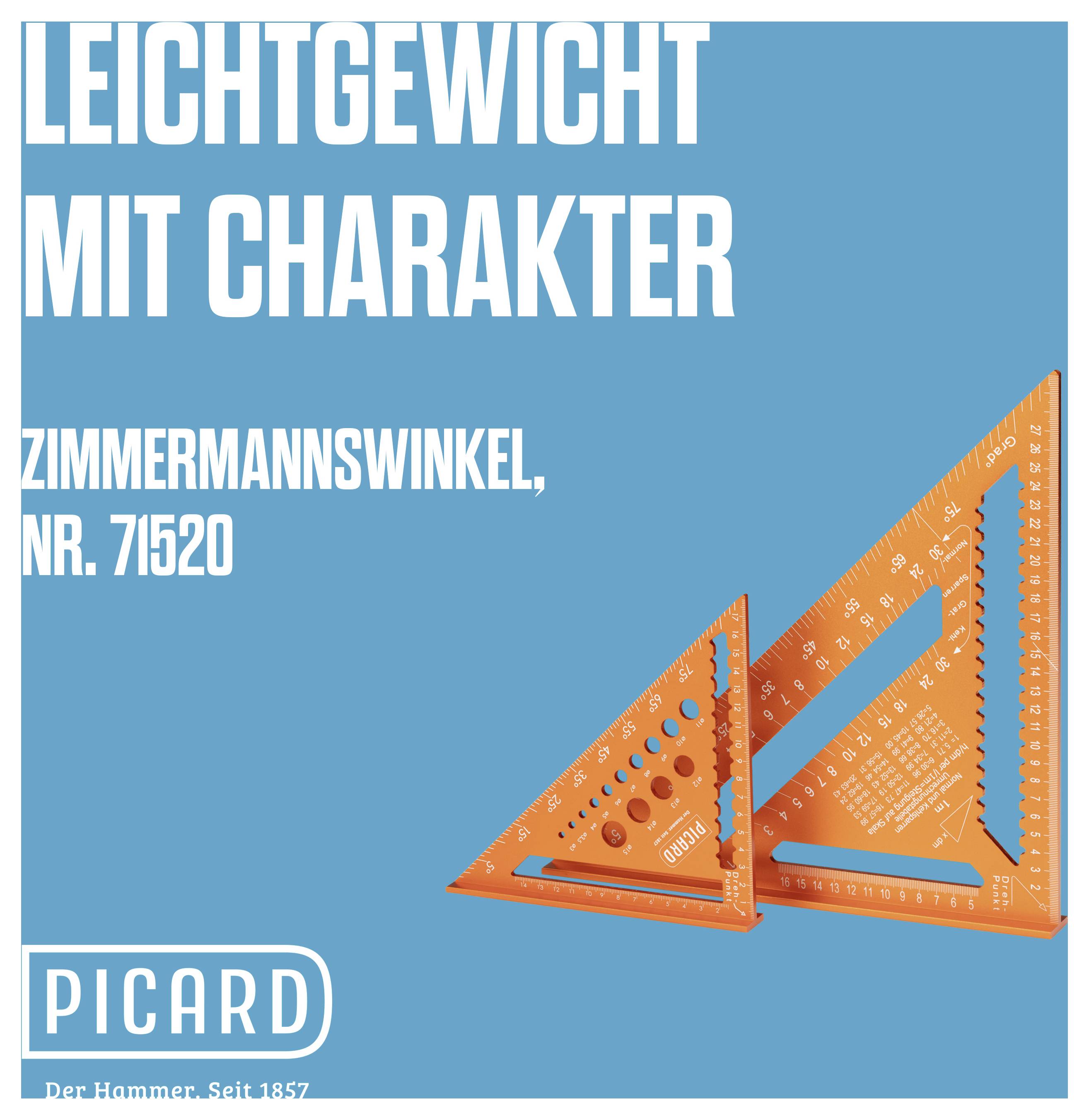 Orangefarbener Zimmermannswinkel auf blauem Hintergrund, Text: 'Leichtgewicht mit Charakter', 'Zimmermannswinkel, Nr. 71520'. Logo: 'PICARD'.