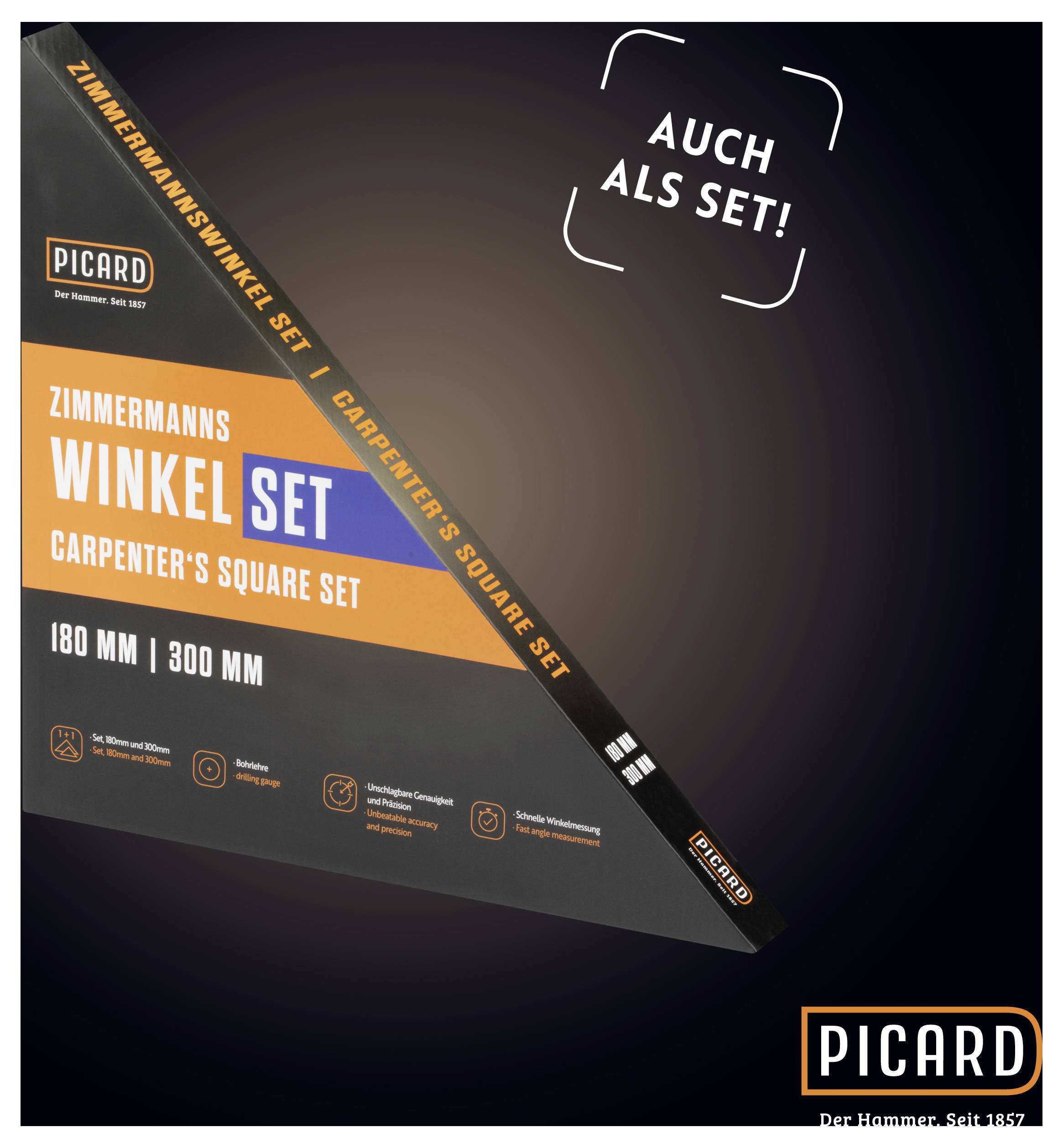'Zimmermanns WINKEL SET' mit 180 mm und 300 mm Winkelgröße für präzises Messen. Text: 'AUCH ALS SET!', Marke: PICARD.