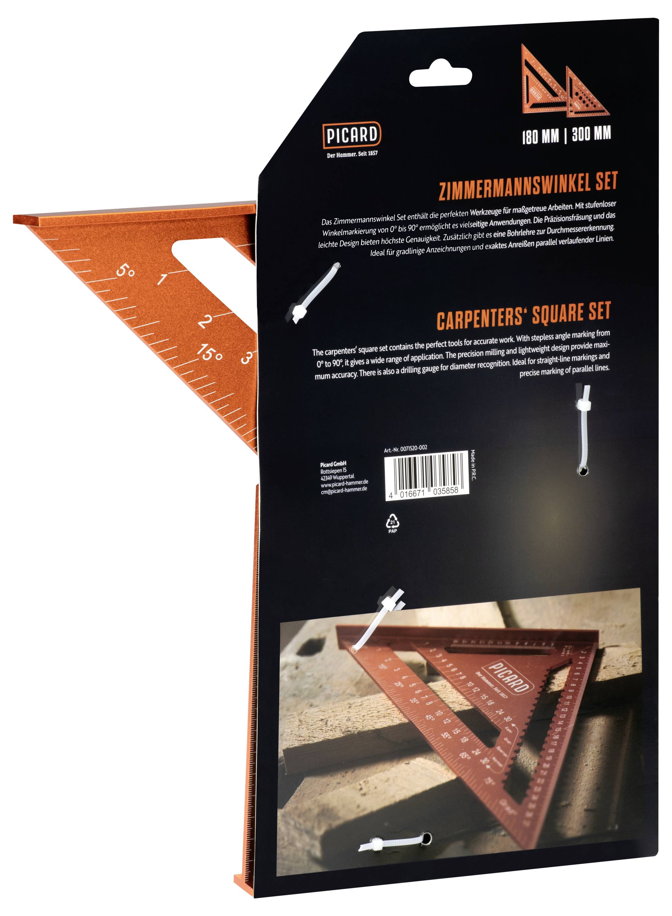 „Zimmerman's Winkel Set"-Verpackung mit einem orangefarbenen Metallwinkelmesser mit metrischen und imperialen Maßstäben.