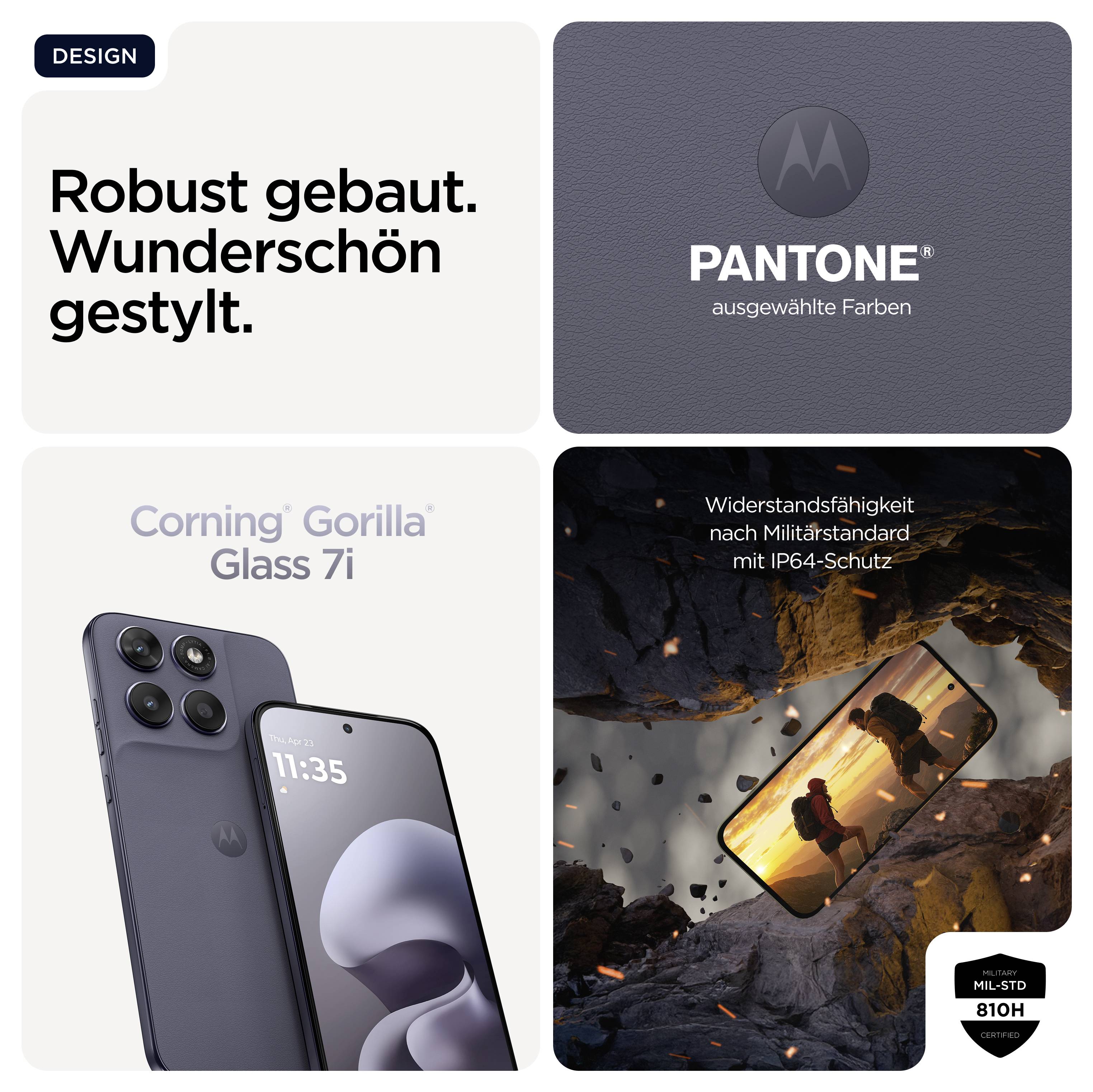 'Robust gebaut. Wunderschön gestylt.' Smartphone mit Corning Gorilla Glass 7i und Pantone-Farben, widerstandsfähig nach Militärstandard.