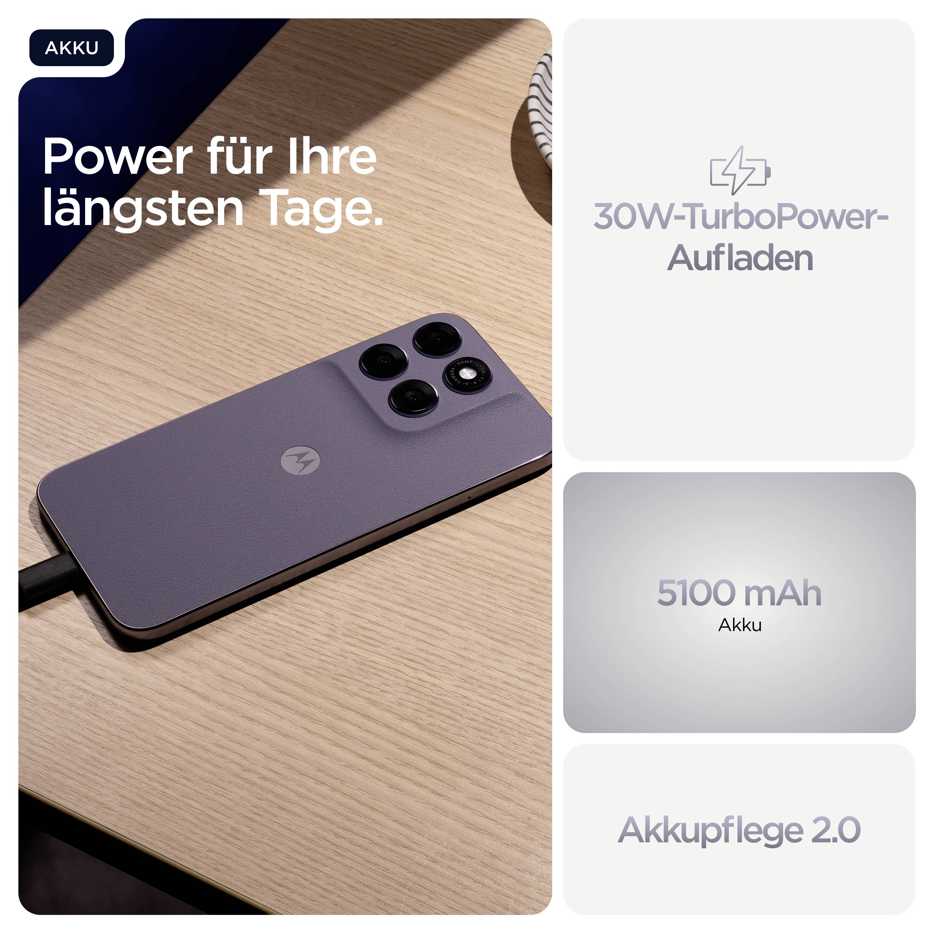 Smartphone auf einem Tisch, verbunden mit Ladekabel; Text: 'Power für Ihre längsten Tage.' Details: 30W-TurboPower-Aufladen, 5100 mAh Akku.