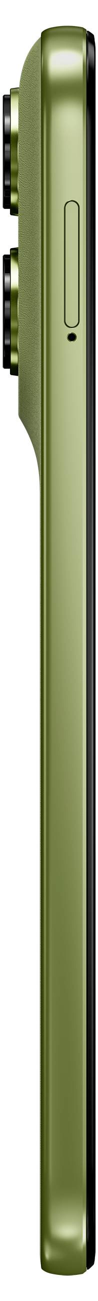 Seitenansicht eines grünen Smartphones mit dualen Rückkameras und sichtbarem Lautstärkeregler.