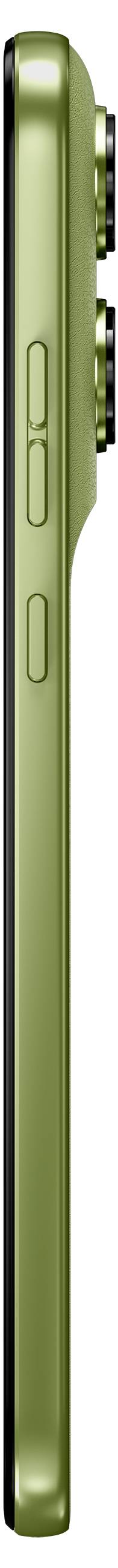 'Seitenansicht eines grünen Smartphones mit Lautstärke- und Ein-/Ausschalter, wobei die hinteren Kameralinsen leicht auf der Rückseite hervorragen.'