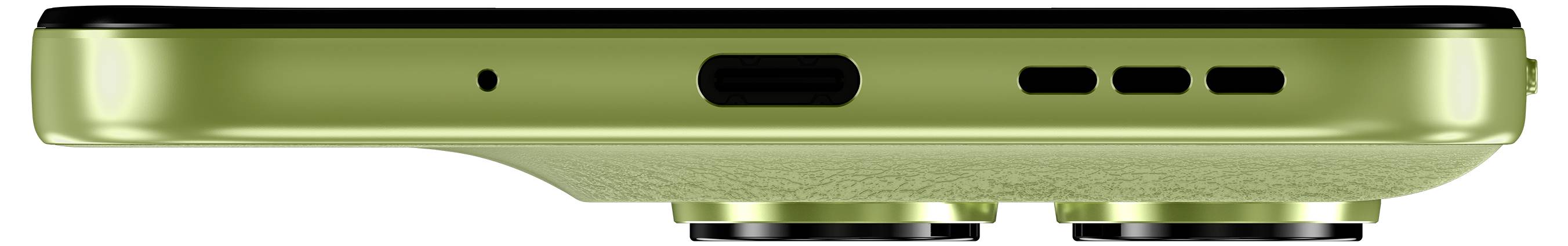 Ein grünes Smartphone von oben betrachtet, das einen Ladeanschluss, Lautsprecherlöcher und zwei hervorstehende Kameraobjektive auf der Rückseite zeigt.