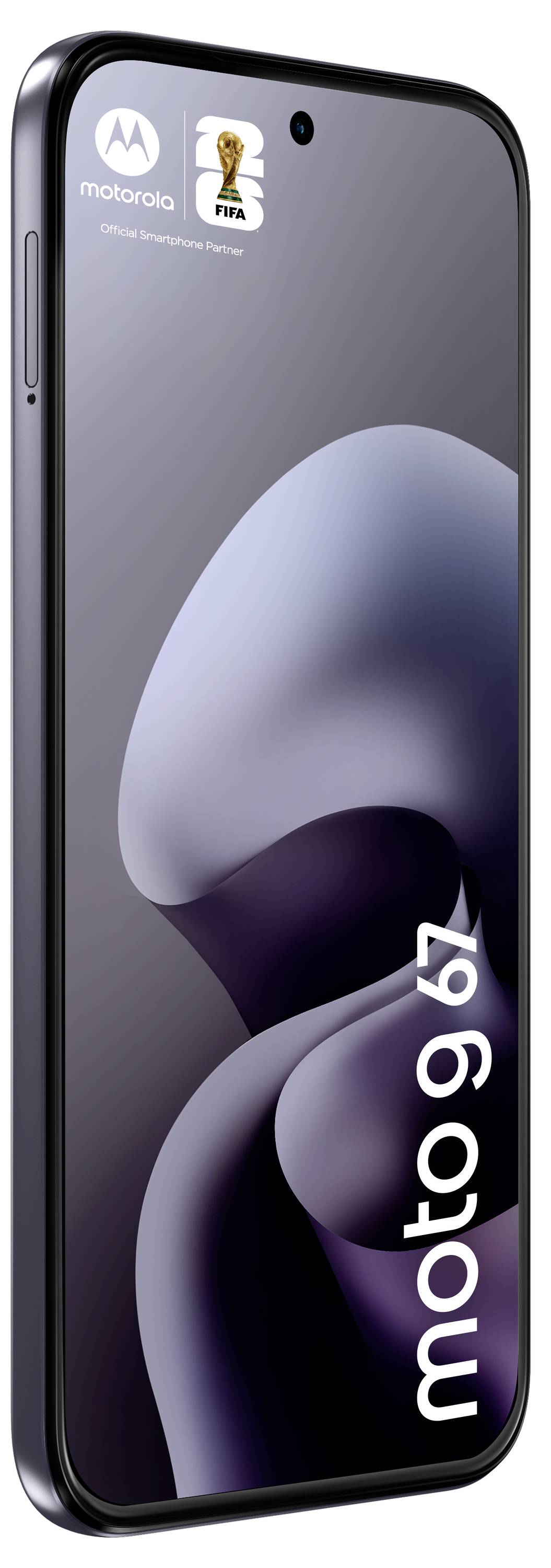 Ein Smartphone zeigt ein geschwungenes abstraktes Hintergrundbild auf dem Bildschirm mit "moto g74"-Branding und zwei Logos in der oberen linken Ecke.