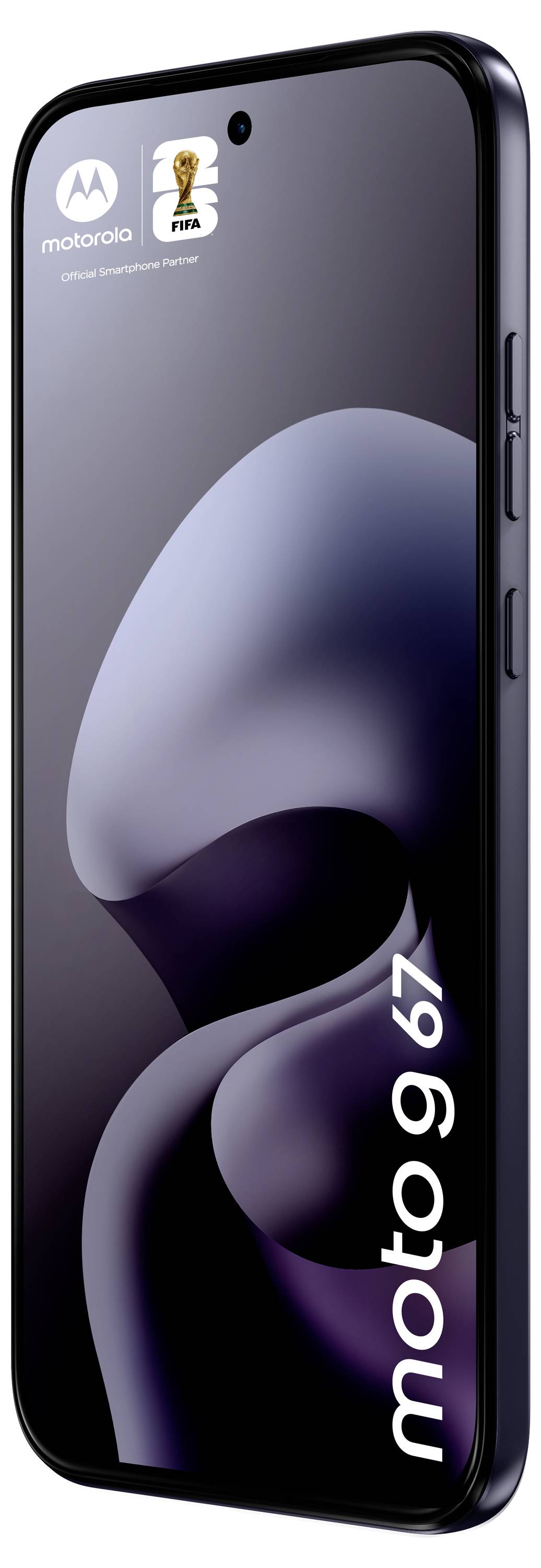 Smartphone mit den Logos von Motorola und der FIFA Fußball-Weltmeisterschaft auf dem Bildschirm, mit dem Titel „moto g 6z" angezeigt, mit schlankem, dunklem Design.