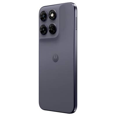 Ein Smartphone mit vier rückseitigen Kameras und einer eleganten grauen Oberfläche, das ein Motorola-Logo zeigt.