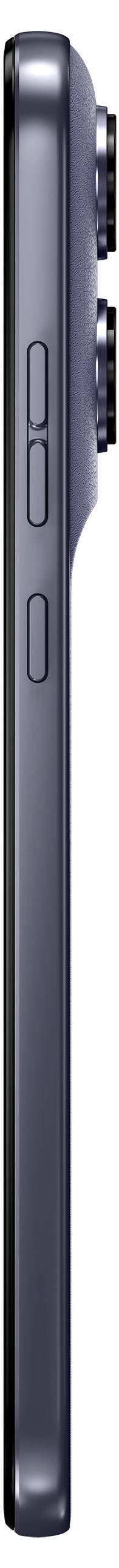 Ein elegantes, dunkelgefärbtes Smartphone in einer Seitenansicht, die die Lautstärkeregler und das duale hintere Kamera-Modul hervorhebt.