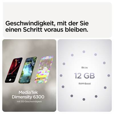 'Geschwindigkeit, mit der Sie einen Schritt voraus bleiben.' Zeigt drei Smartphones; Text: 'MediaTek Dimensity 6300' und 'Bis zu 12 GB RAM-Boost.'