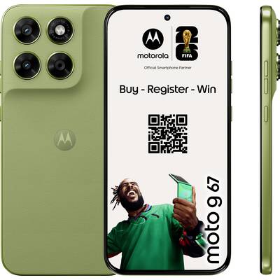 Ein grünes Smartphone zeigt den Werbebildschirm für "moto 9 6g" mit einem fröhlichen Mann, der ein Telefon hält, und einen QR-Code für "Kaufen - Registrieren - Gewinnen".