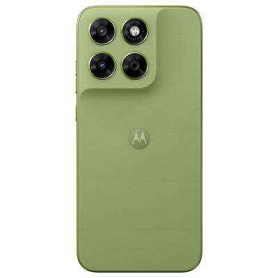 Ein schlankes, modernes grünes Smartphone mit drei Kameras auf der Rückseite, angeordnet in einer Dreiecksformation in der oberen linken Ecke.