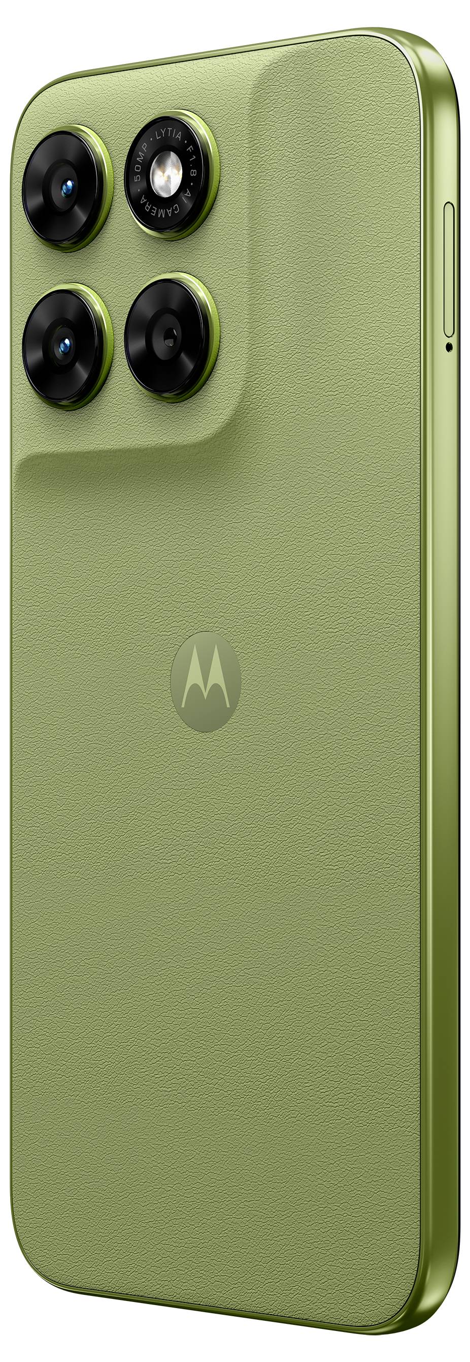 Ein elegantes grünes Smartphone, von der Rückseite betrachtet, mit einem Triple-Kamera-Setup in der oberen linken Ecke und einem Markenlogo in der Mitte.