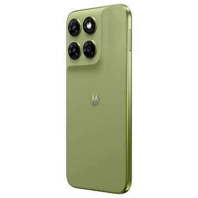 Ein elegantes grünes Smartphone, von der Rückseite betrachtet, mit einem Triple-Kamera-Setup in der oberen linken Ecke und einem Markenlogo in der Mitte.