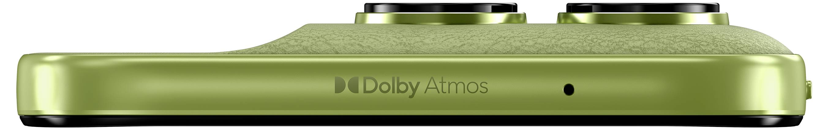Grünes Smartphone von der Seite betrachtet, mit Dolby Atmos-Logo und Dual-Kameraobjektiven an der oberen Kante.
