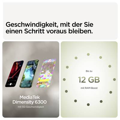 'Drei Smartphones, MediaTek Dimensity 6300 mit 5G; Text: 'Geschwindigkeit, mit der Sie einen Schritt voraus bleiben.' Bis zu 12 GB mit RAM-Boost.'