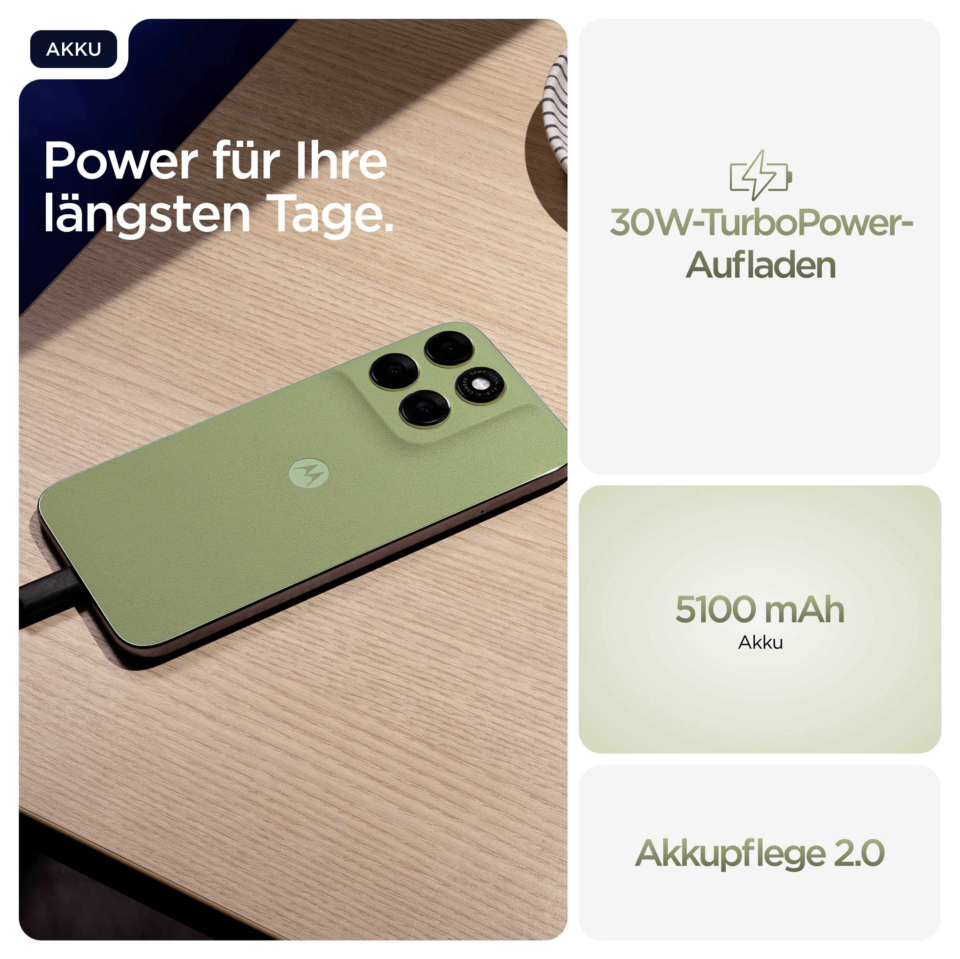 Grünes Smartphone auf Tisch mit Text 'Power für Ihre längsten Tage'. Details: '30W-TurboPower-Aufladen', '5100 mAh Akku', 'Akkupflege 2.0'.