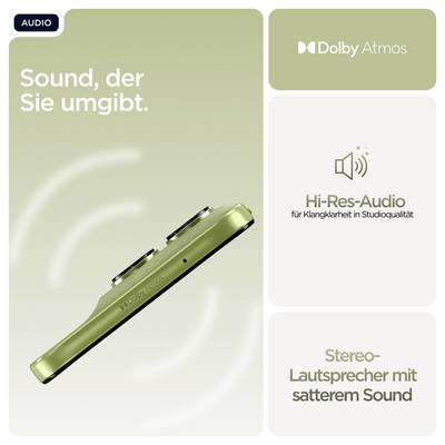 Das Bild zeigt eine Anzeige für Dolby Atmos Audio. Neben einem grünen Gerät stehen die Texte 'Sound, der Sie umgibt' und 'Stereo-Lautsprecher mit satterem Sound'.