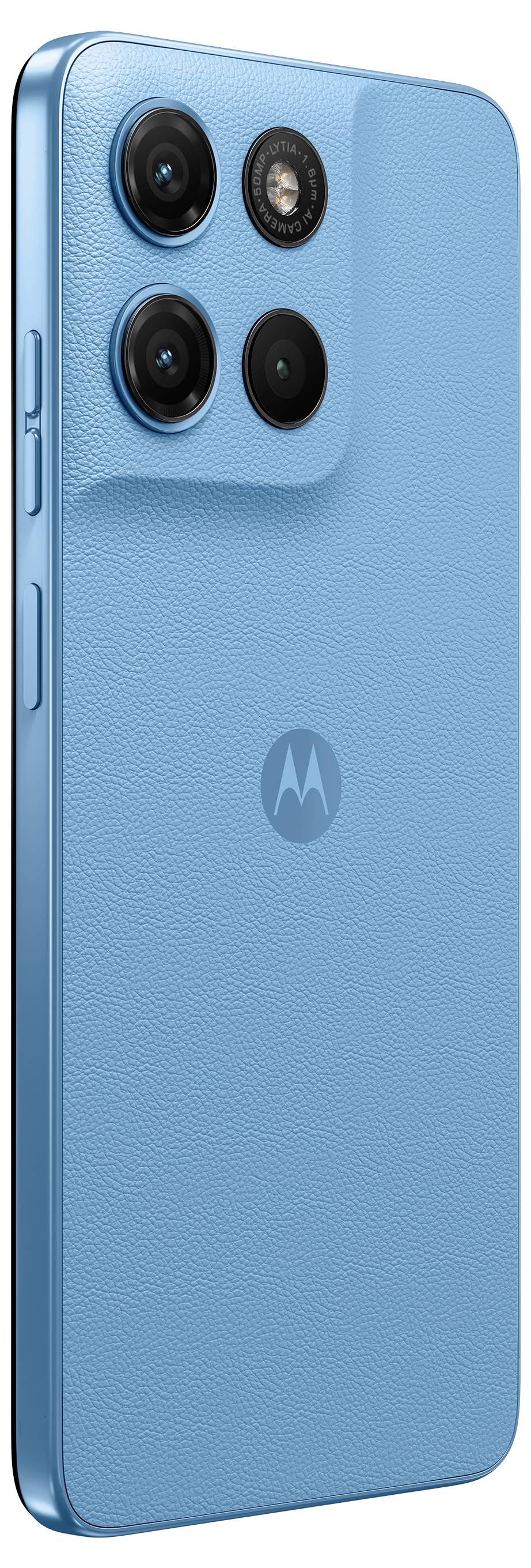 Blaues Smartphone in Rückansicht mit drei Kameraobjektiven und strukturierter Oberfläche.