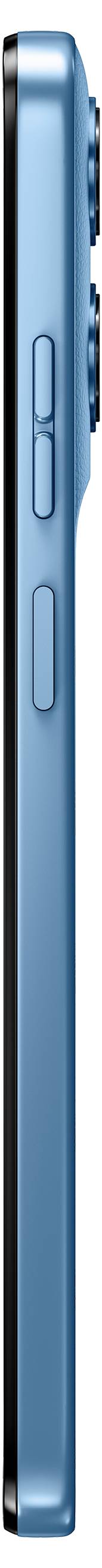 Seitenansicht eines blauen Smartphones mit Lautstärkereglern und schlankem Design.