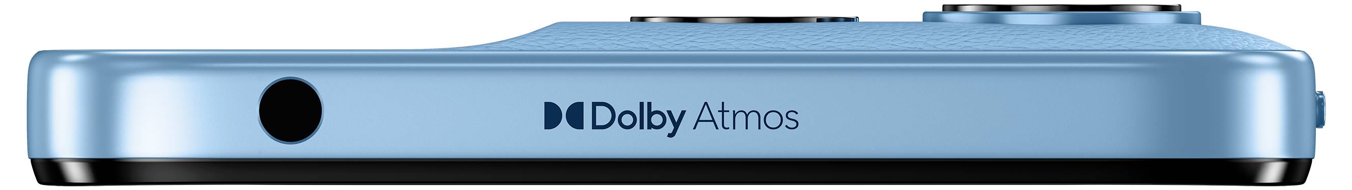 Ein blaues tragbares Gerät mit zwei kreisförmigen Elementen oben und dem Logo „Dolby Atmos" auf der Seite, was wahrscheinlich auf fortschrittliche Soundfunktionen hindeutet.