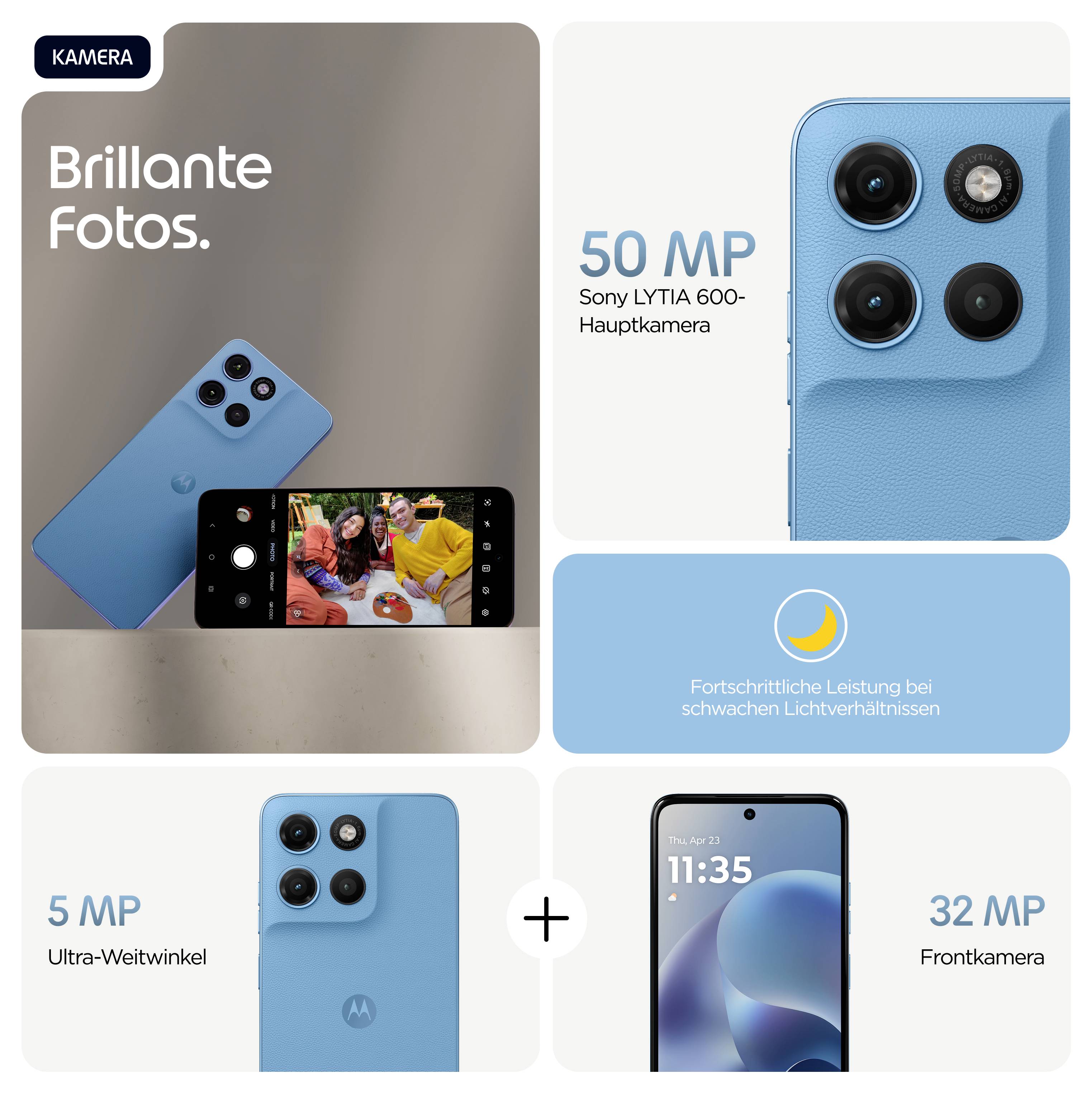 Kollage eines blauen Smartphones mit Kameraspezifikationen: 50 MP Hauptkamera, 5 MP Ultra-Weitwinkel, 32 MP Frontkamera. "Brillante Fotos."