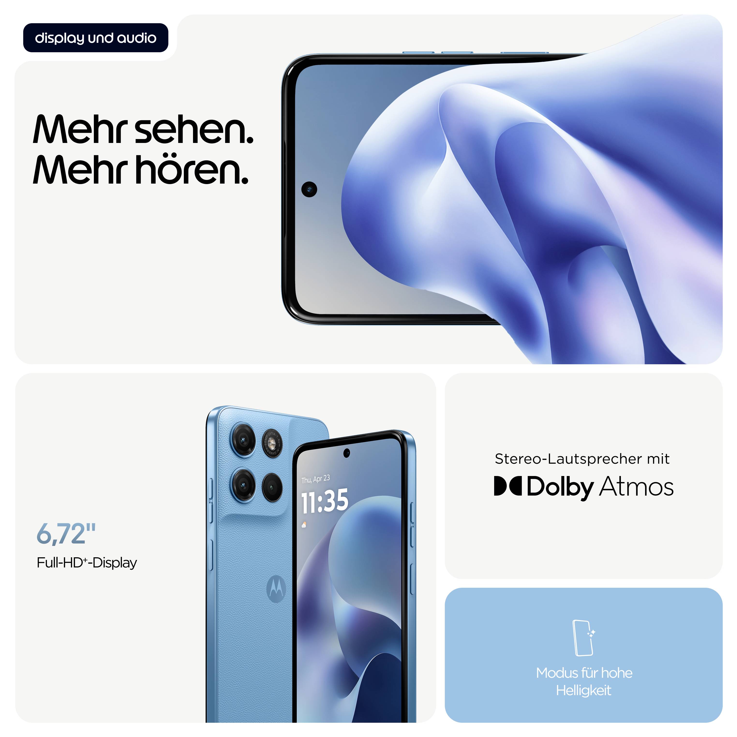 'Smartphone mit 6,72'' Full-HD-Display und Stereo-Lautsprechern mit Dolby Atmos. Bild zeigt Vorder- und Rückseite in Blau.'
