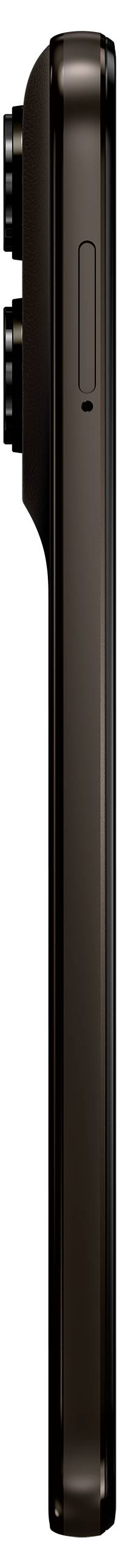 Seitenansicht eines schwarzen Smartphones, das sein schlankes Profil und die dual Rückkameras zur Schau stellt.