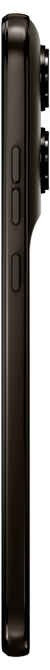 Das Bild zeigt die Seitenansicht eines dunkel gefärbten Smartphones und hebt sein schlankes Profil und das vorstehende hintere Kamerasystem hervor.