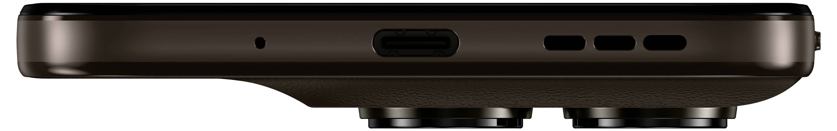 Eine Seitenansicht eines Smartphones mit hervorgehobenenem Ladeanschluss, Lautsprechergittern und aus der Rückseite hervorstehenden Kameraobjektiven.