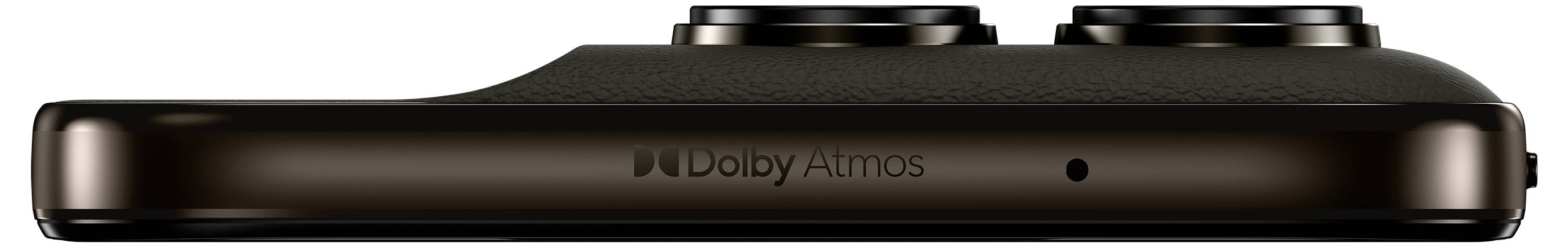 Das Bild zeigt die Seitenansicht eines schwarzen Telefons mit dem Text „Dolby Atmos" neben zwei prominenten rückwärtigen Kameras.