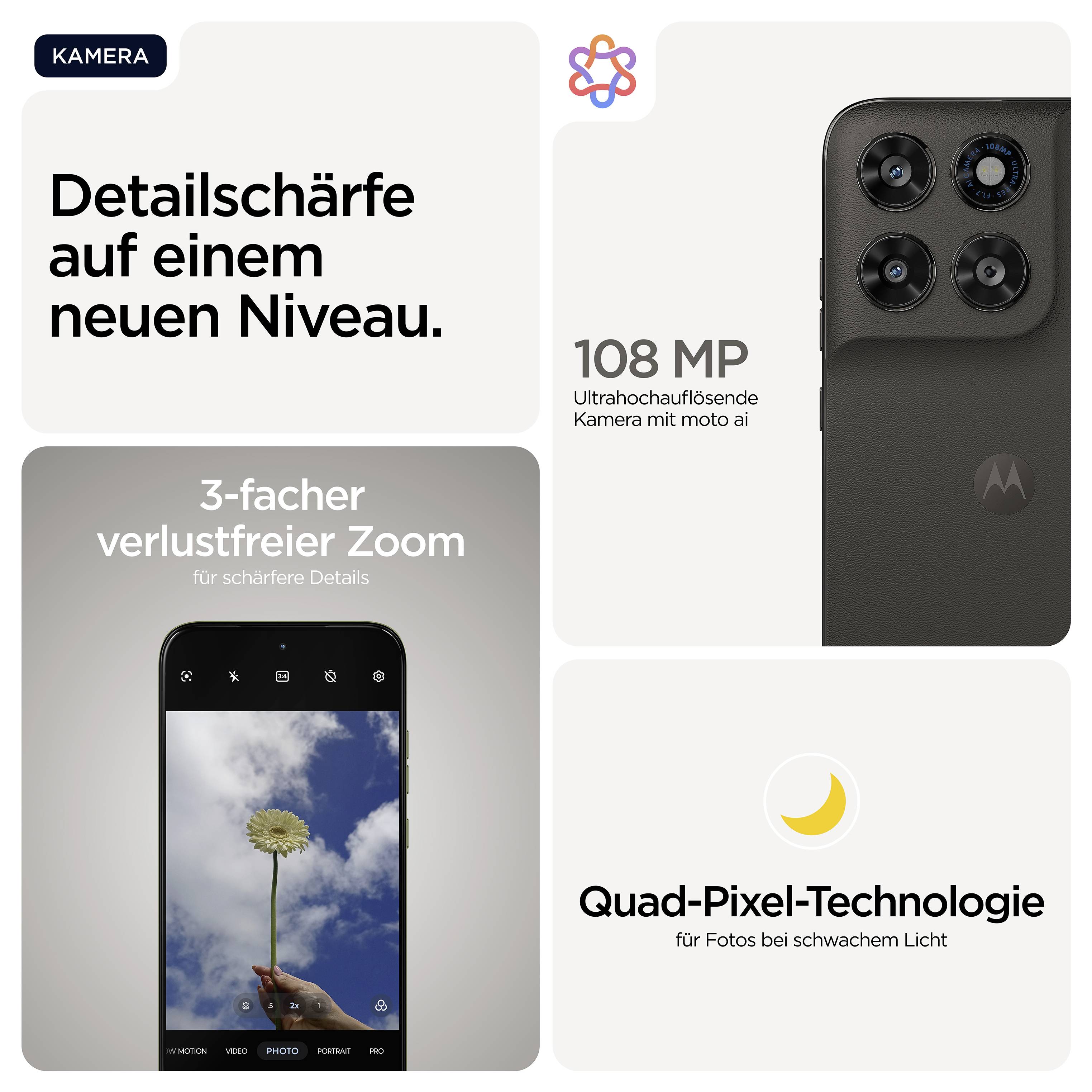 'Motorola-Smartphone mit Kamera-Highlights: 108 MP Auflösung, 3-facher verlustfreier Zoom, Quad-Pixel-Technologie für bessere Fotos bei wenig Licht.'